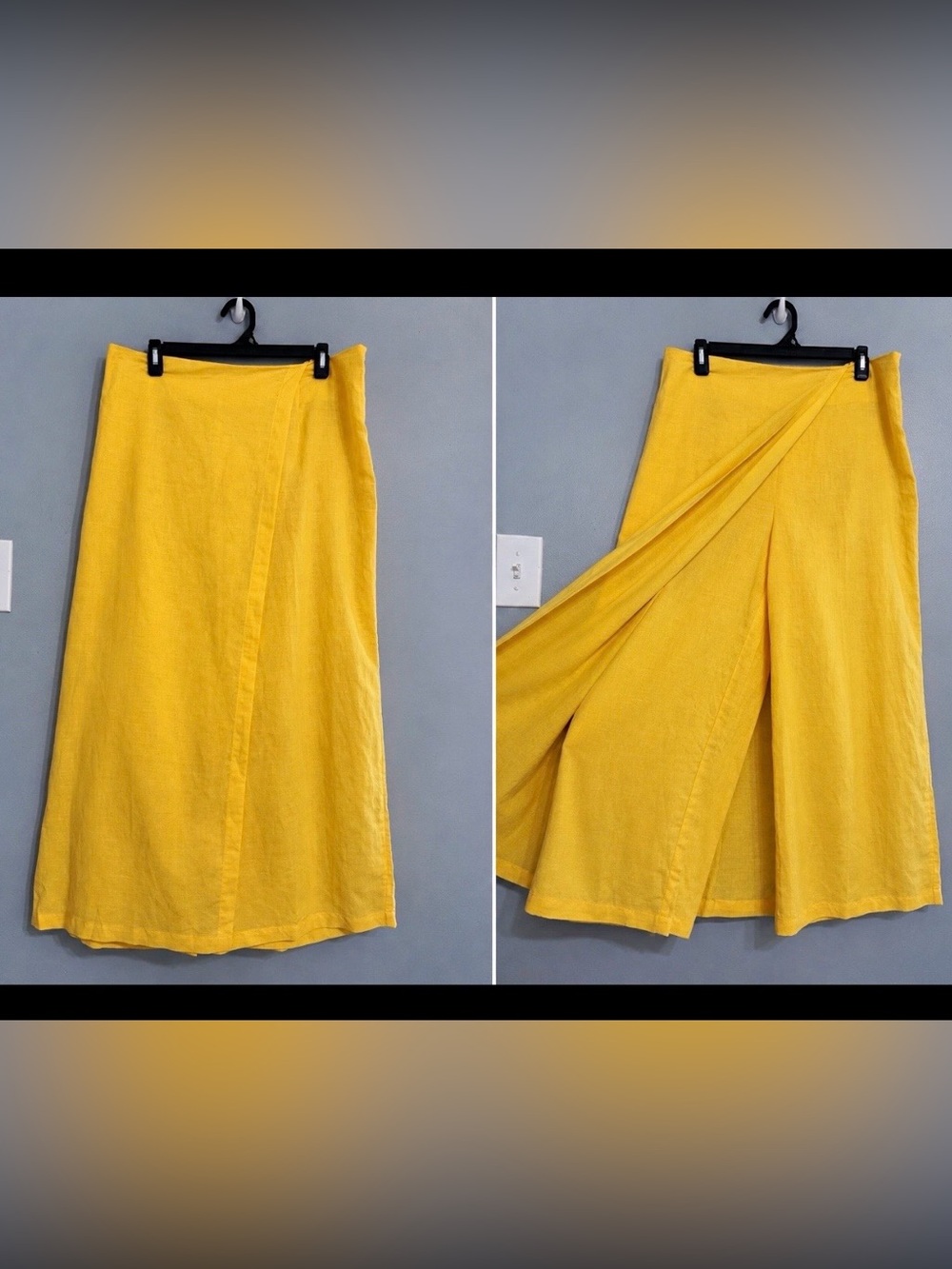 Yellow 100% Linen Wrap Skirt Wide Leg Pants XL Overlay Palazzo Resort Skort